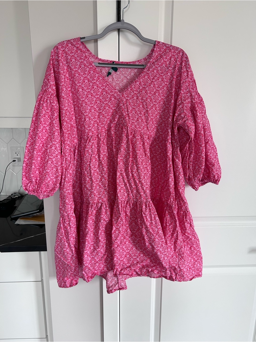 Petite Studio Pink Floral V-Neck Tiered Puff Sleeve Dress Romantic Peasant Boho